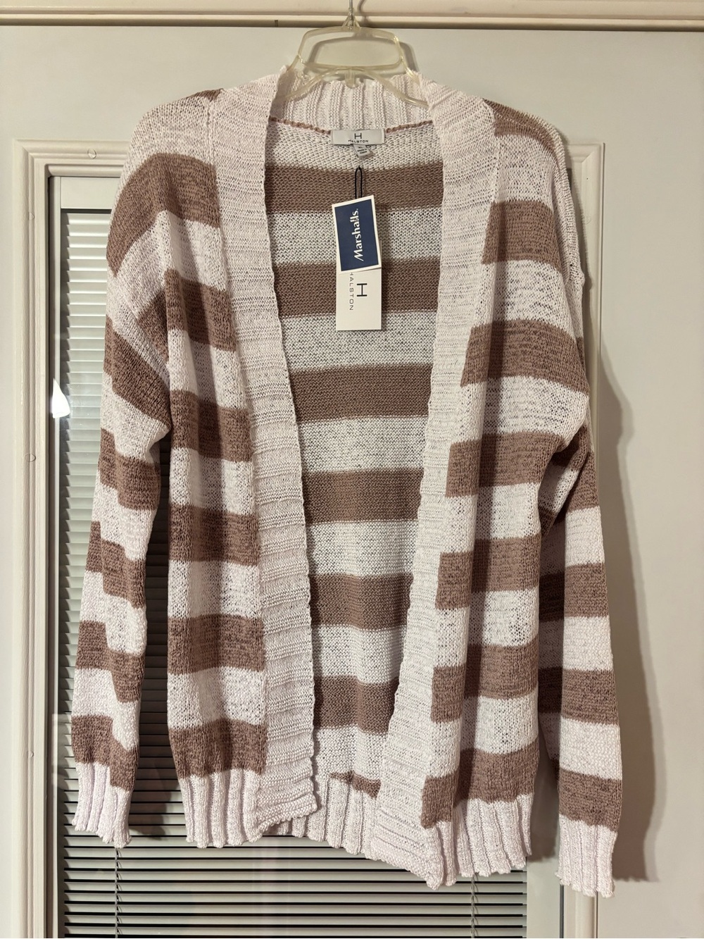 Halston Heritage Cream and Brown Striped Open-Front Cardigan